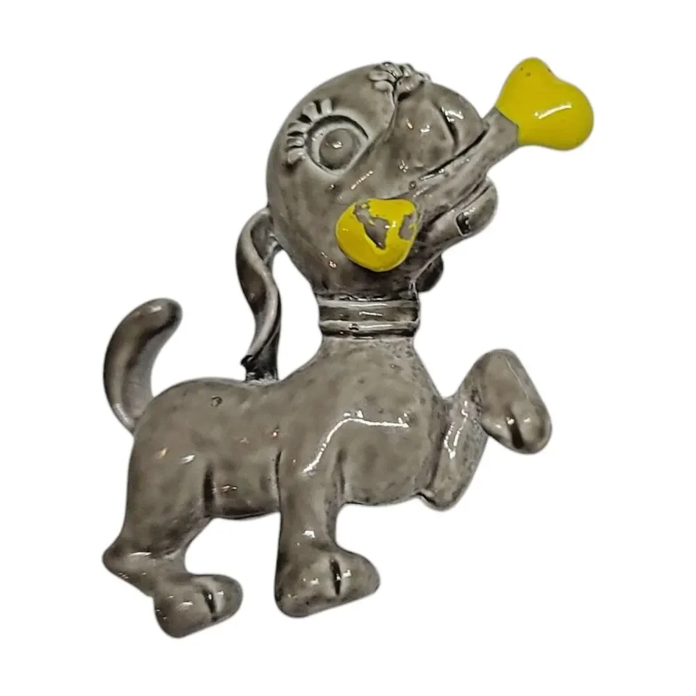 Vintage Dog w/ Bone Puppy Gray Yellow Enamel Metal Pin Brooch